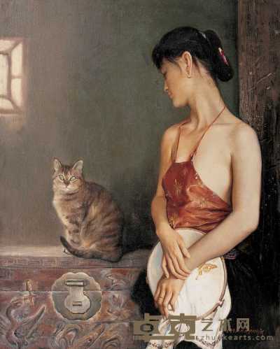 潘鸿海 1992年 少女与猫 81×66cm